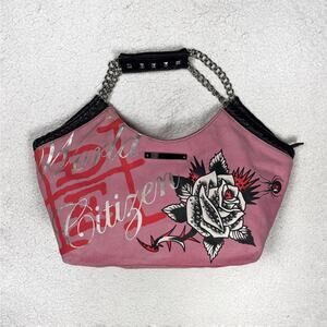 Vintage Ed Hardy Becca World Citizen Pink Handbag Purse Canvas Shoulder Bag Y2K